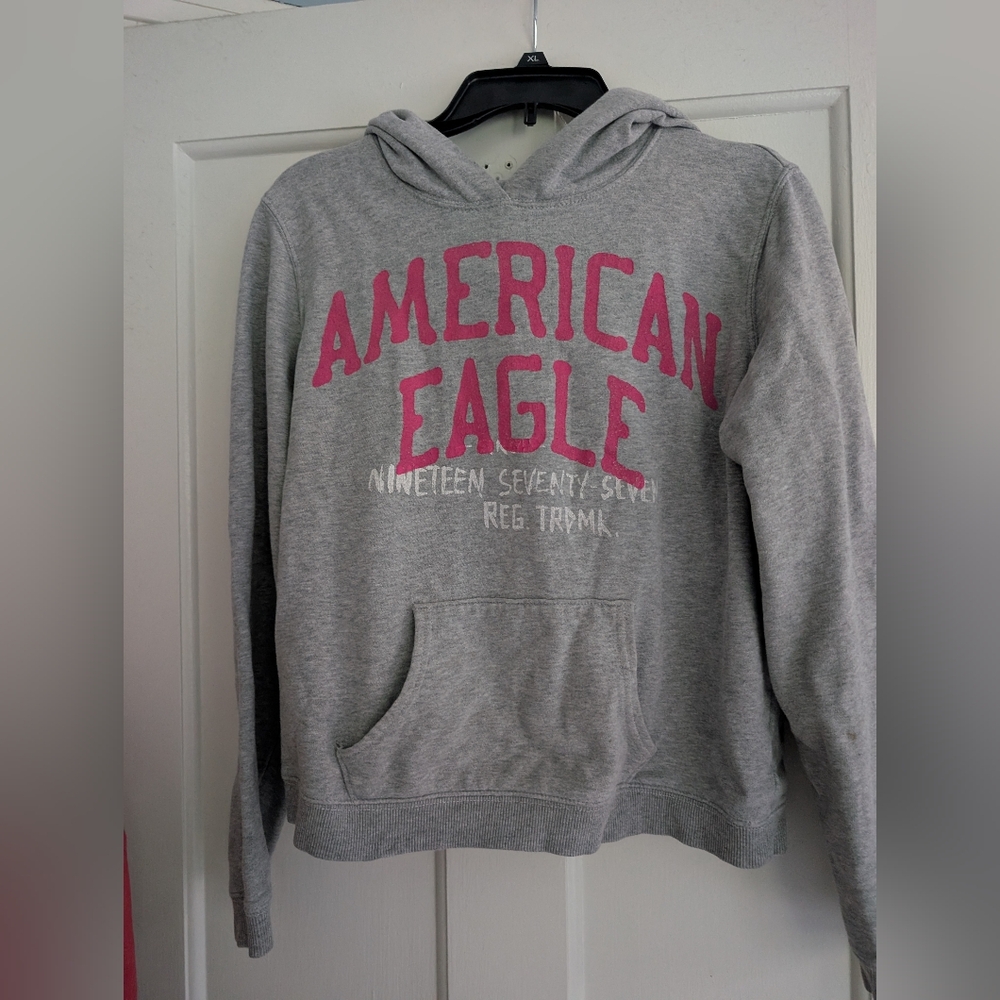 American Eagle Gray Hoodie with Pink Logo